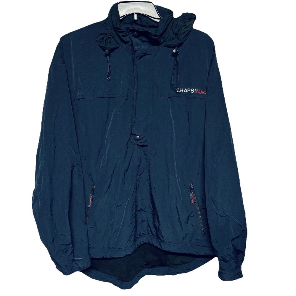 Vintage Chaps Ralph Lauren Windbreaker Jacket XL Navy Blue Pullover w Hood Y2K